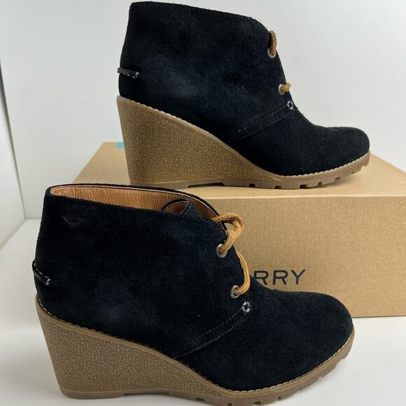 Sperry Topsider Stella Prow Leather Black Wedge Ankle Boots - Picture 9 of 10